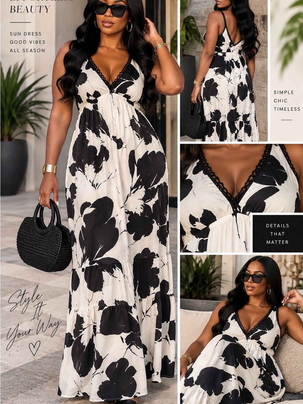 Rylee + Cru Black & White Floral V-Neck Maxi Dress